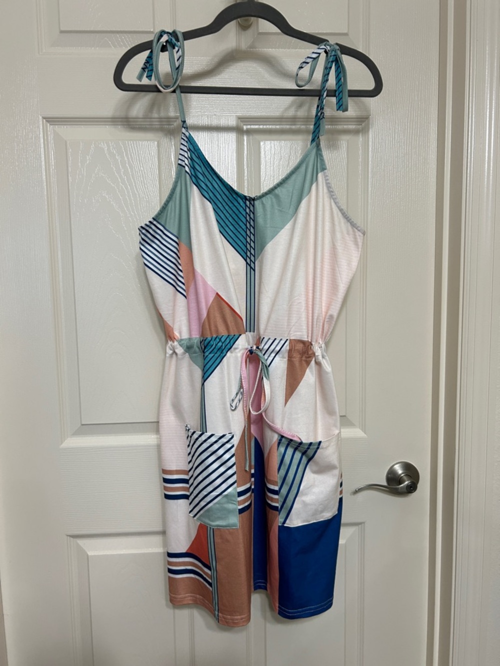 Tie-Shoulder Color Block Midi Dress in Teal, Pink Terra Cotta Retro with Pockets